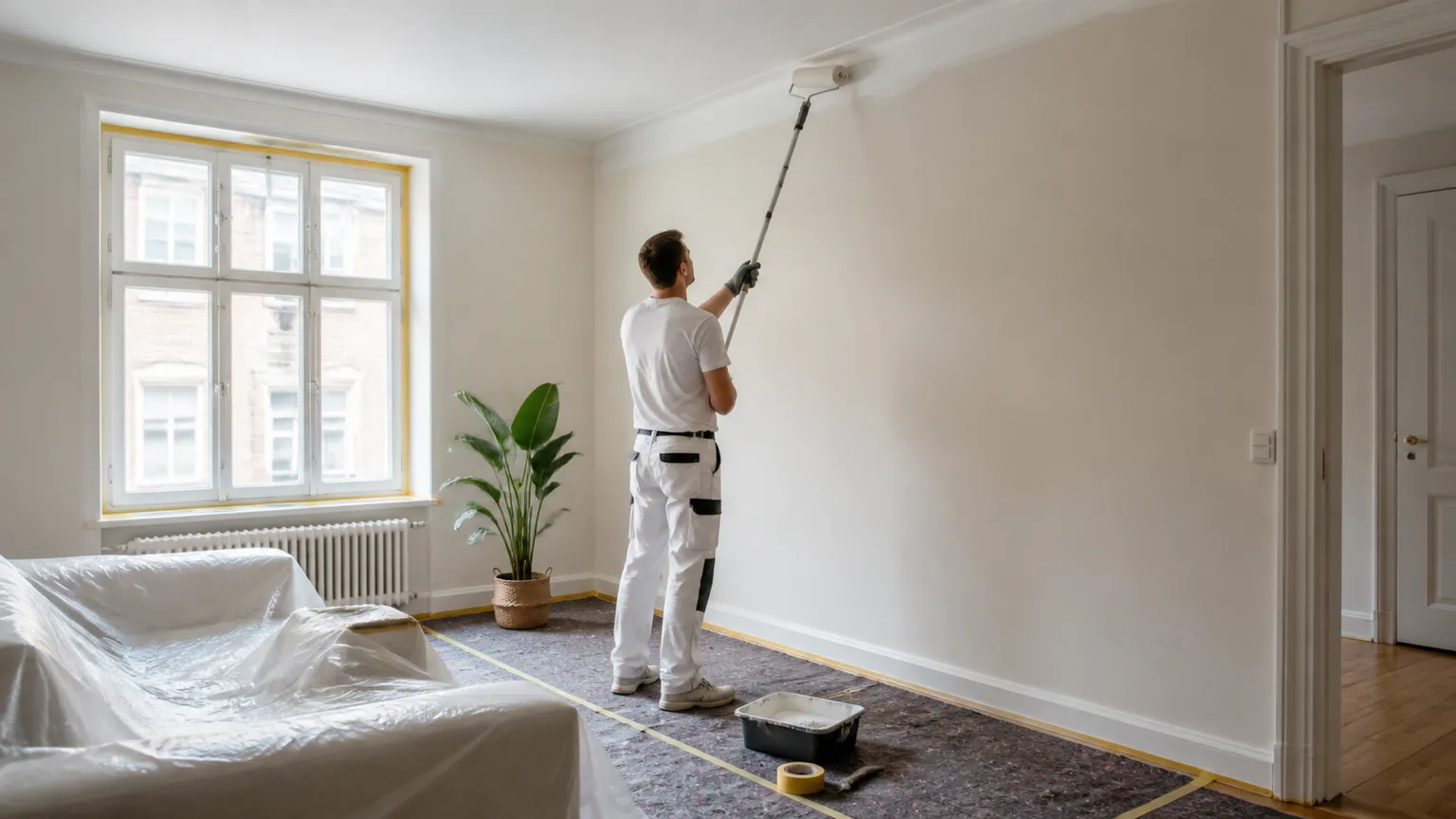 Professionel maler maler væg og loft i en afdækket dansk lejlighed med naturligt dagslys.