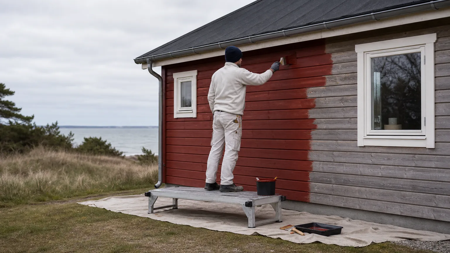 Maler på arbejdsplatform maler et dansk træsommerhus rødt i blødt dagslys.