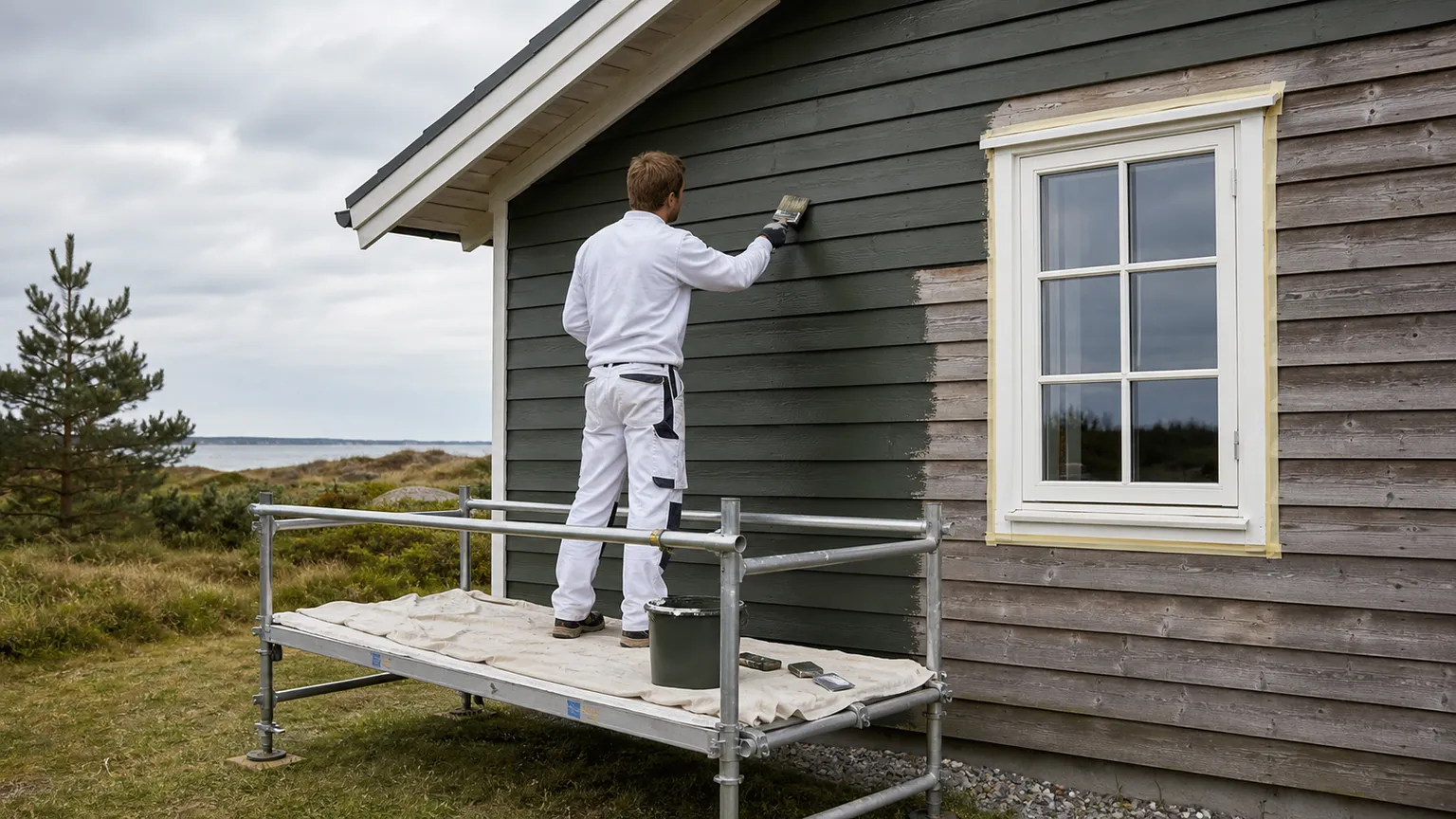 Maler på stillads maler et dansk træsommerhus mørkegrønt i blødt dagslys.