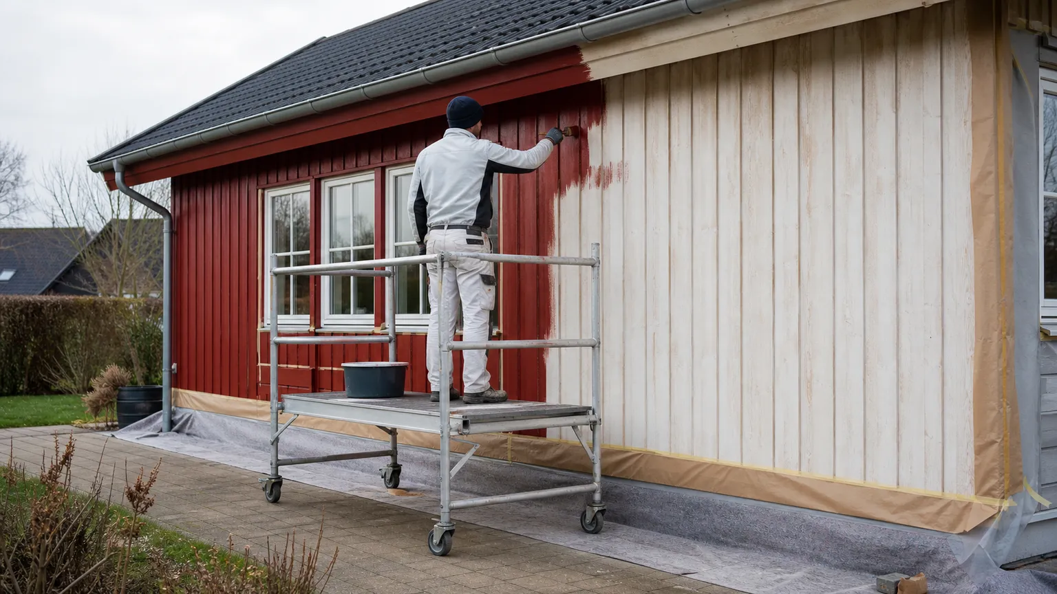 Professionel maler maler et dansk træhus rødt fra et sikkert rullestillads.