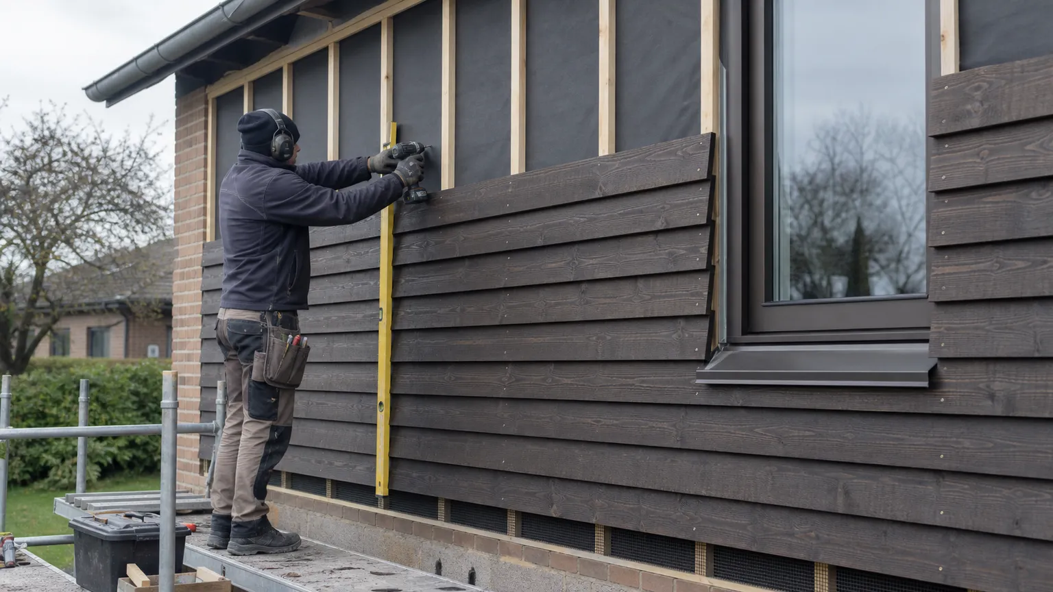Håndværker monterer mørk klinkbeklædning på en dansk husfacade med ventilerede lægter og vindue.