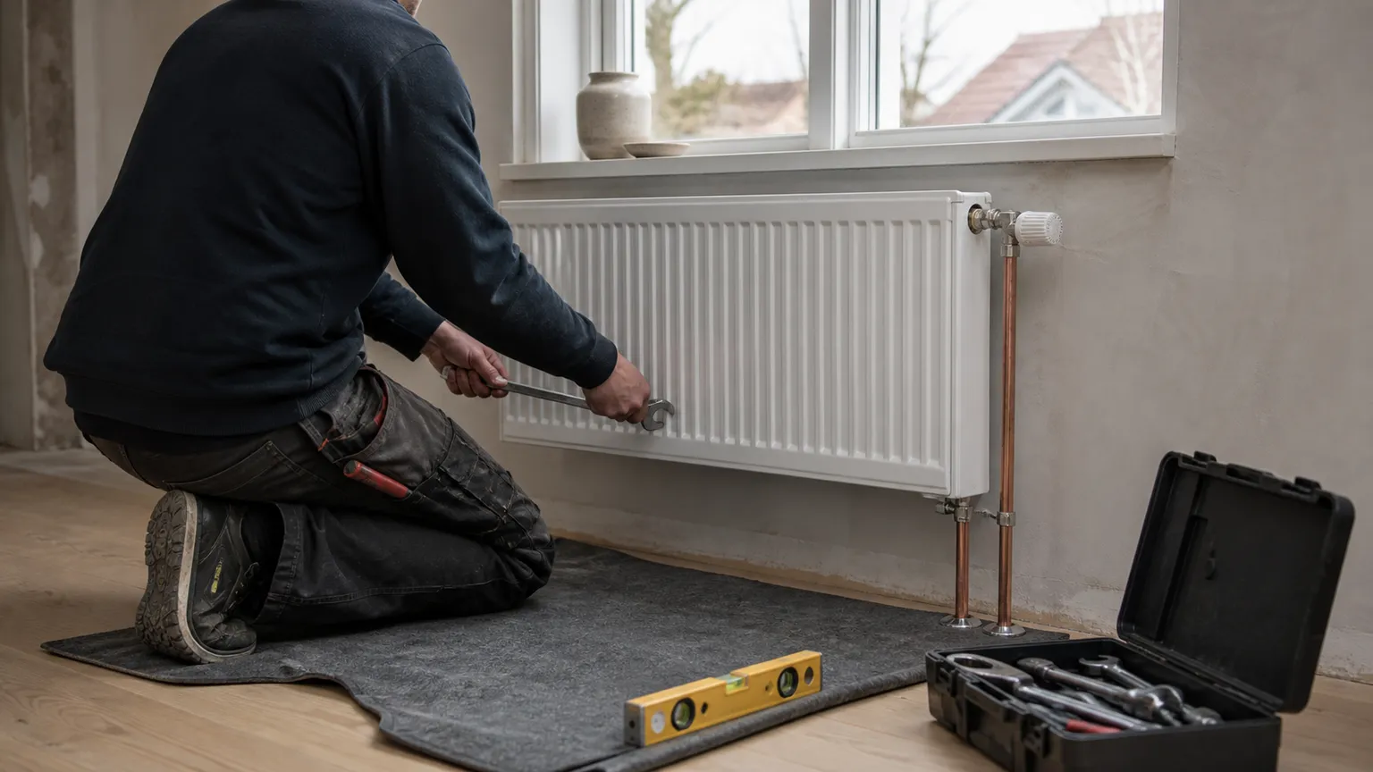 VVS-montør installerer en hvid radiator med kobberrør under et vindue i et dansk hjem.