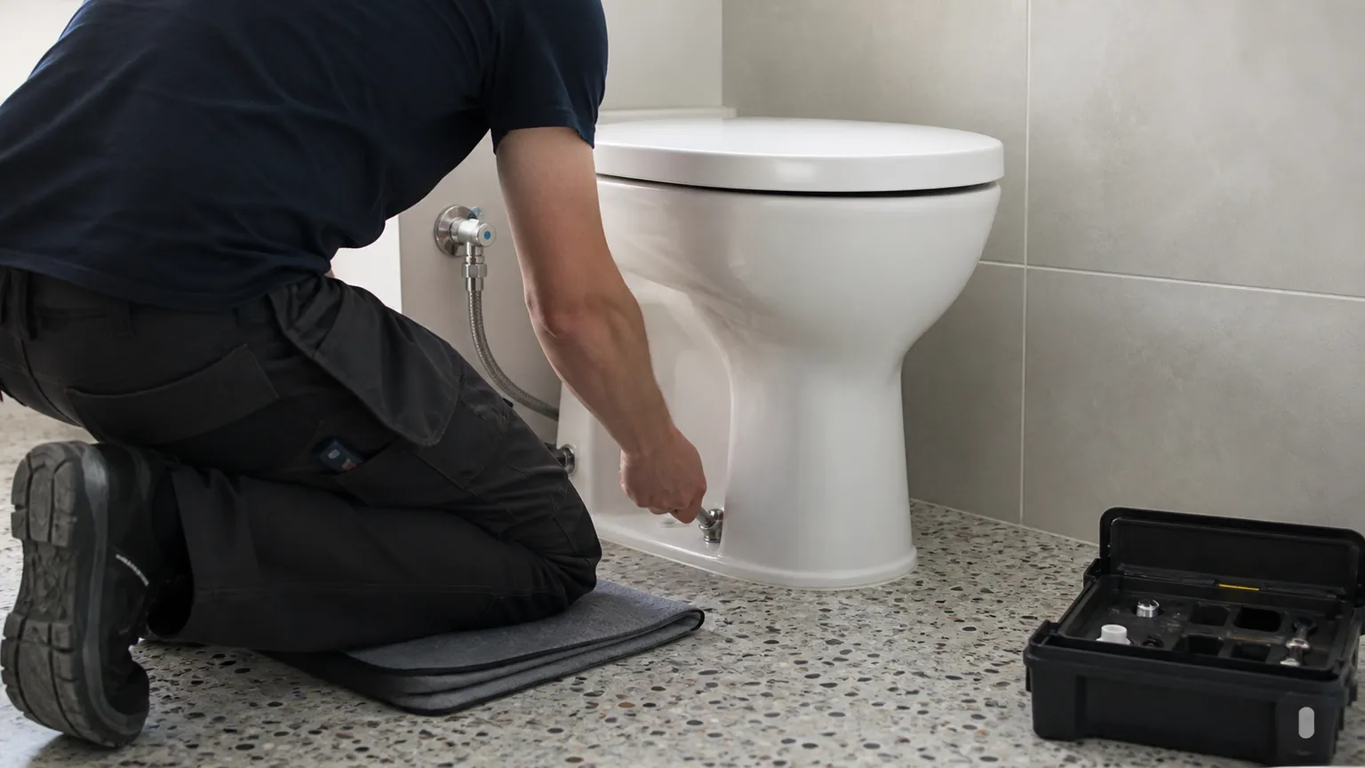 VVS-montør fastgør et gulvstående toilet i et lyst, flisebeklædt badeværelse.