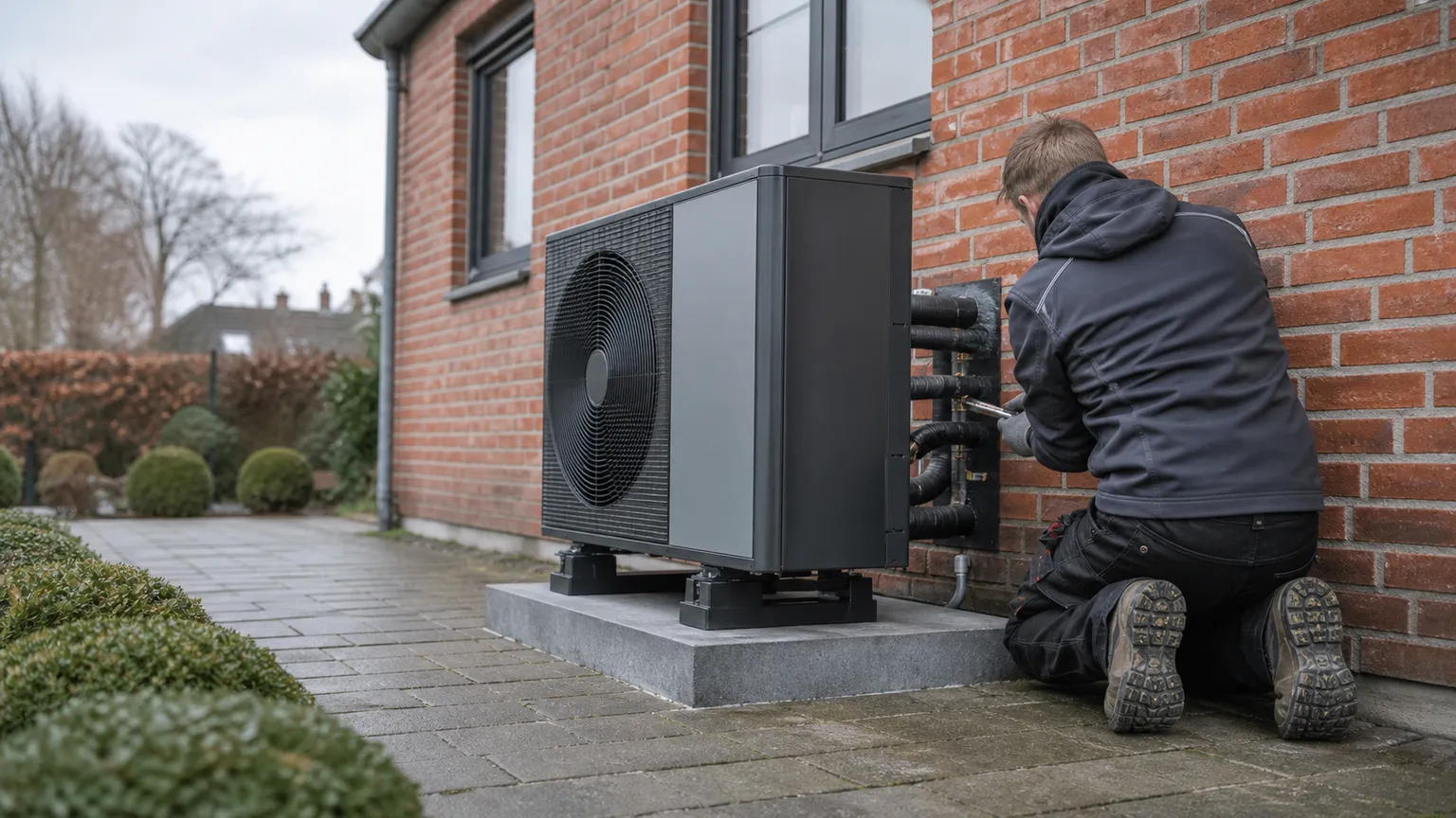 Installatør monterer en luft-til-vand-varmepumpe ved et dansk murstenshus.