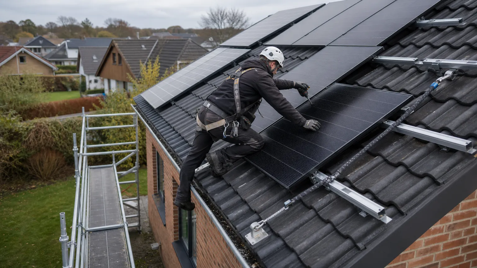 Sikret montør installerer sorte solpaneler på tegltaget af et dansk murstenshus.