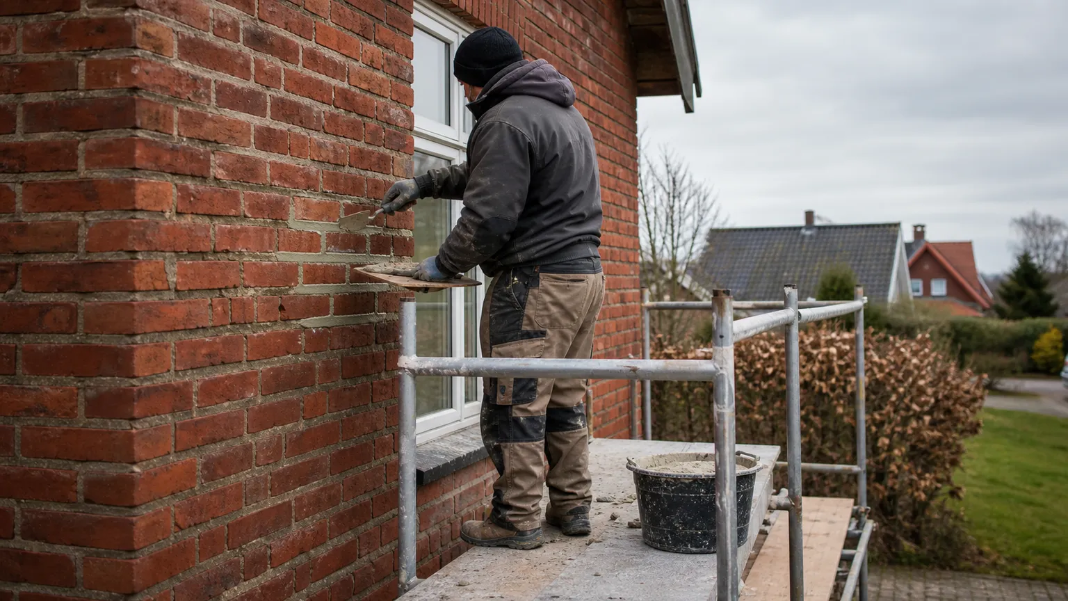 Murer fuger en rød murstensfacade fra et sikkert stillads ved et dansk parcelhus.