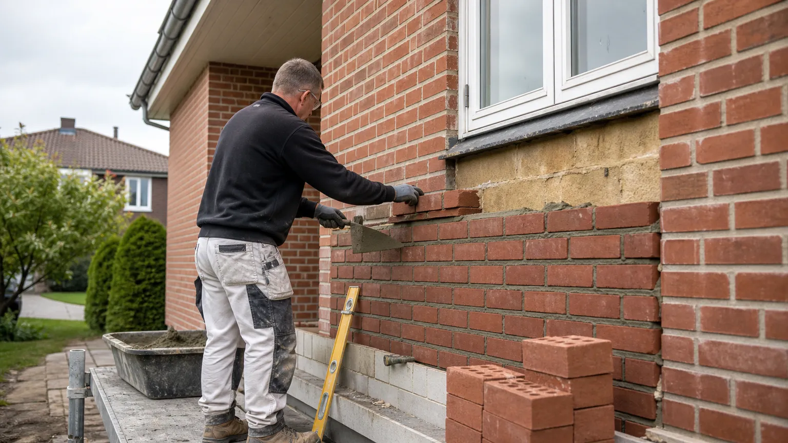 Murer lægger røde mursten under et vindue på et dansk parcelhus i naturligt dagslys.