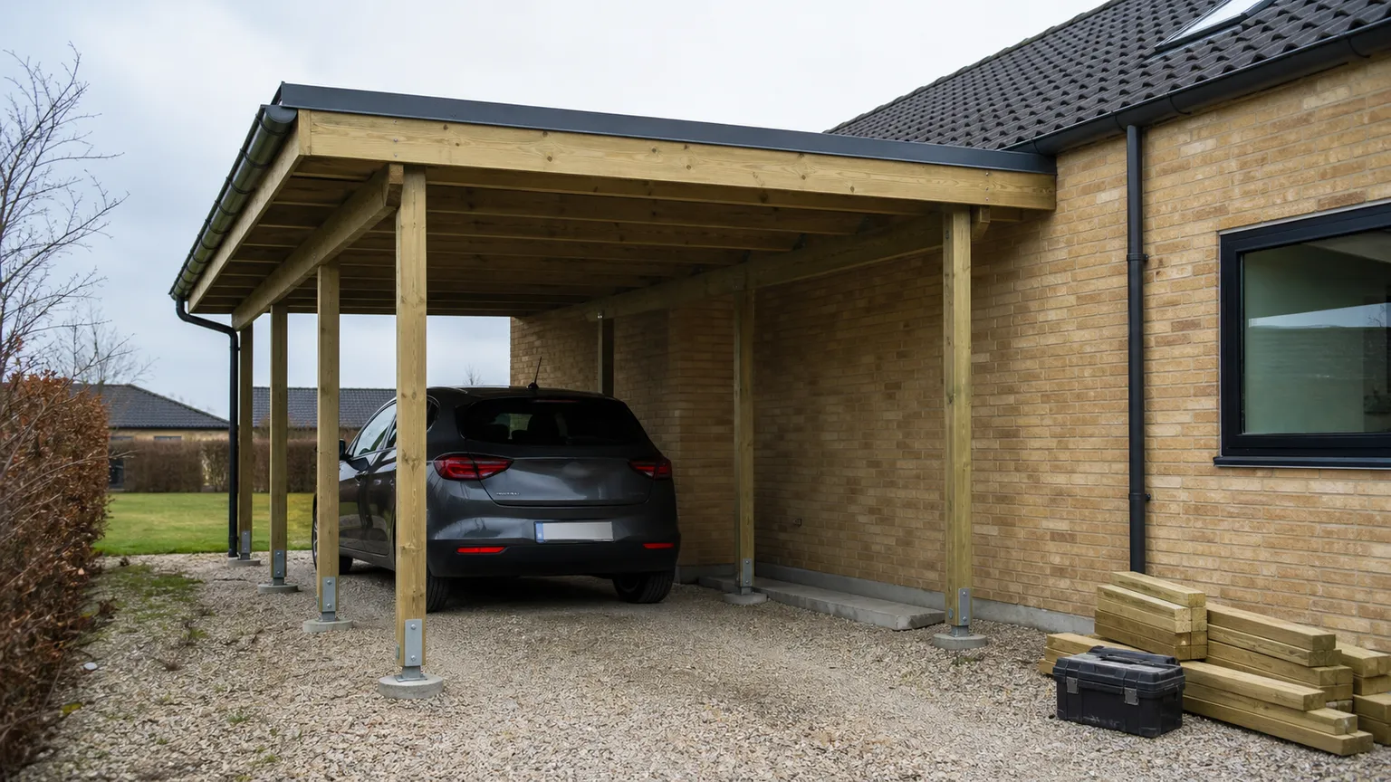 Ny træcarport ved dansk murstenshus med parkeret bil, grusbund og byggematerialer i blødt dagslys.