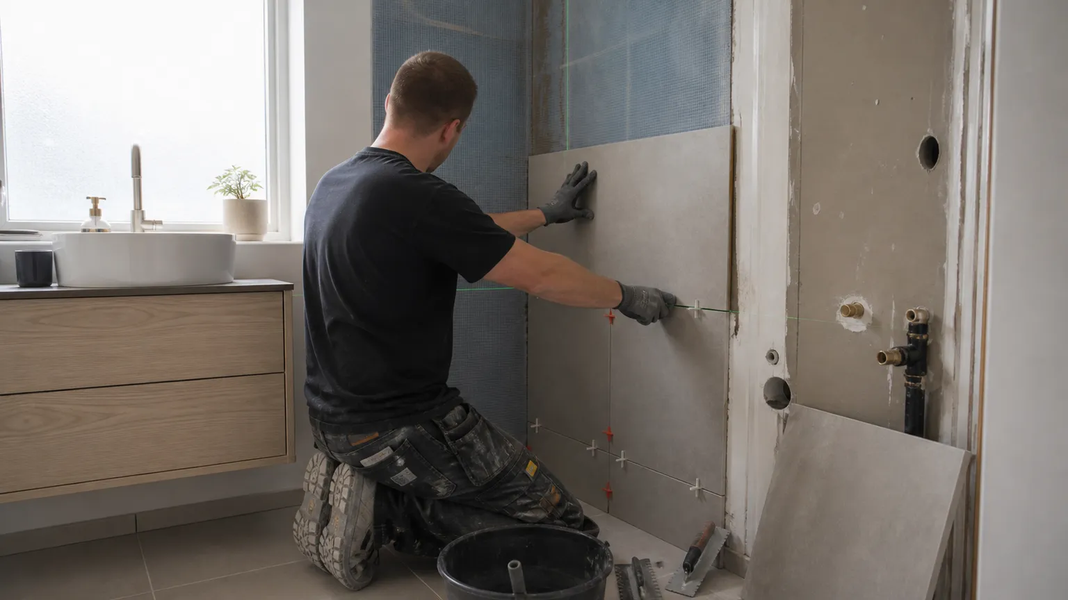 Håndværker monterer store grå fliser under renovering af et lyst dansk badeværelse.