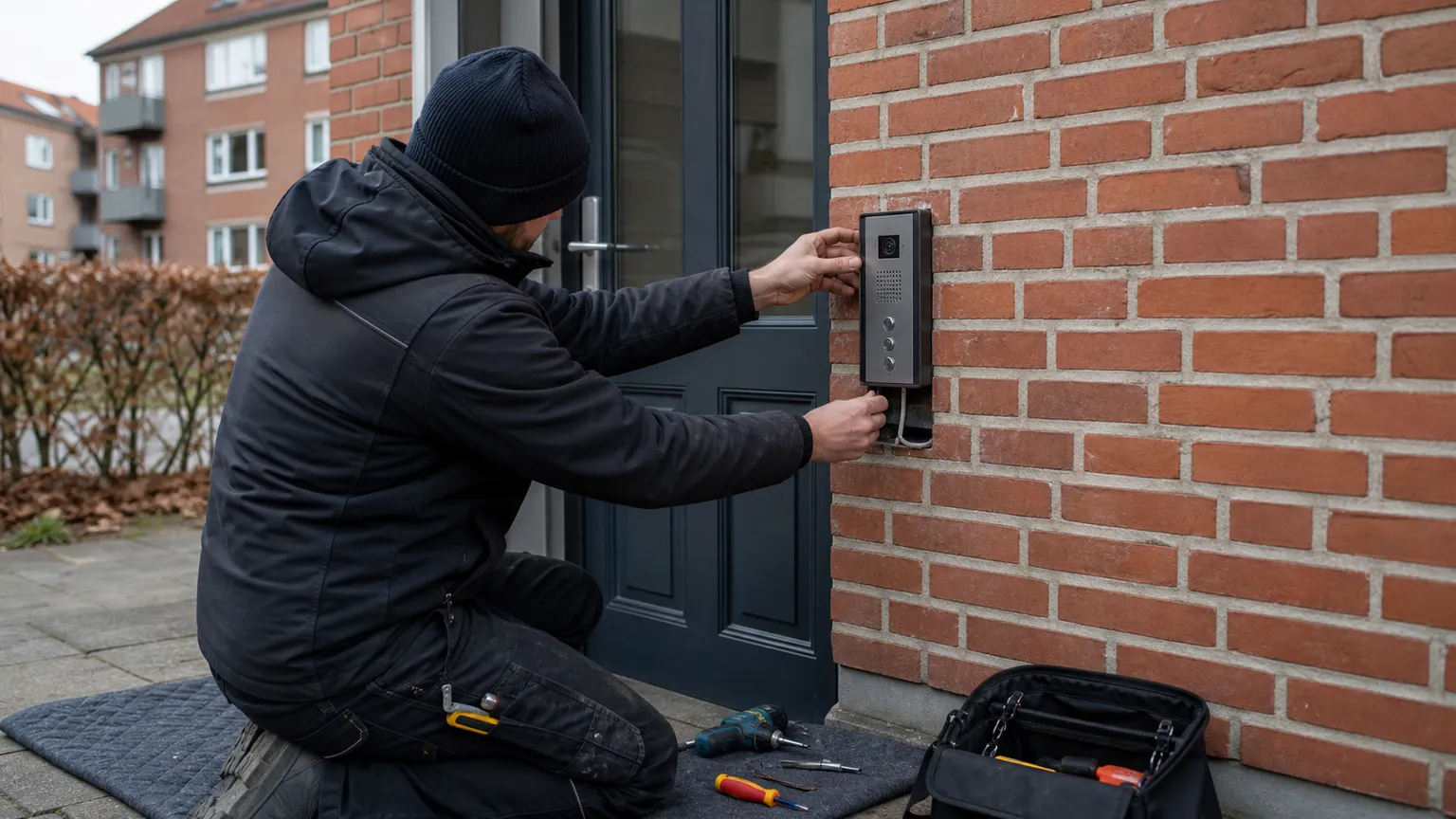 Elektriker monterer en moderne videodørtelefon ved indgangen til en dansk murstensejendom.