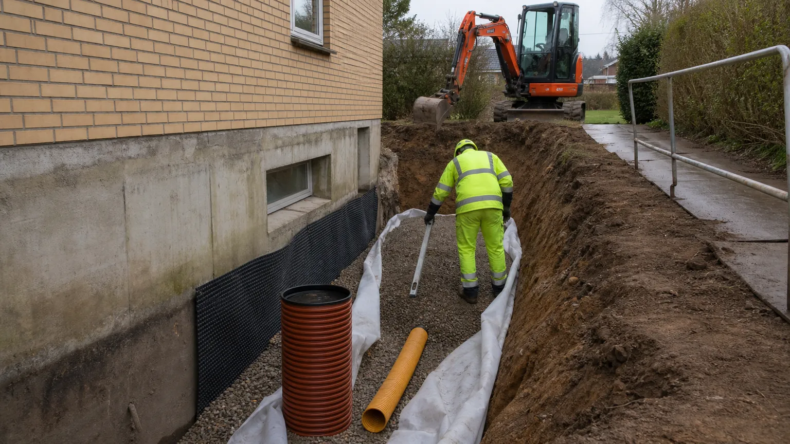 Håndværker anlægger omfangsdræn med drænrør, grus og fugtmembran langs kælderen på et dansk murstenshus.