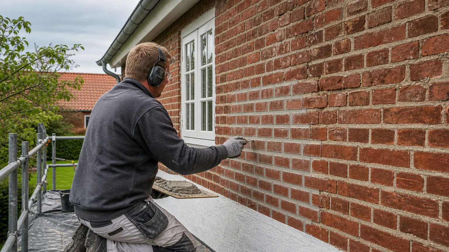 Murer omfuger en rød murstensfacade på et dansk hus fra et sikkert stillads.