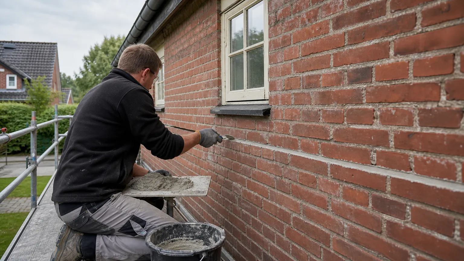 Murer omfuger facaden på et dansk hus i røde mursten fra et sikkert stillads.