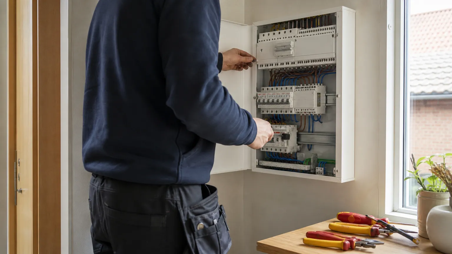 Elektriker opgraderer en moderne el-tavle i et dansk hjem med isoleret værktøj klar på bordet.