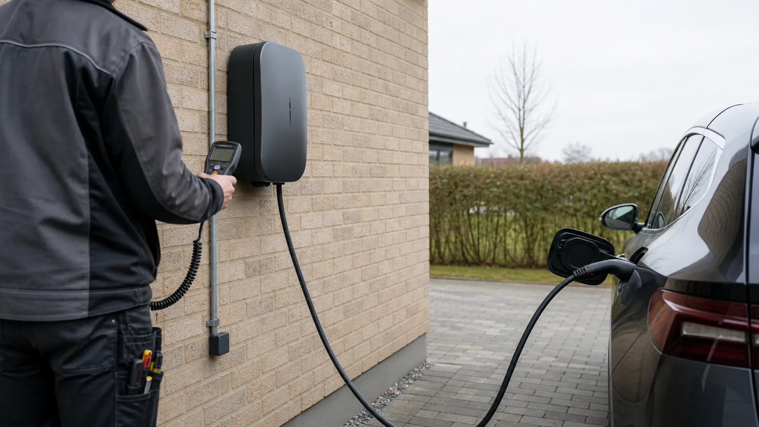 Elektriker kontrollerer en vægmonteret ladestander ved en elbil i indkørslen til et dansk murstenshus.