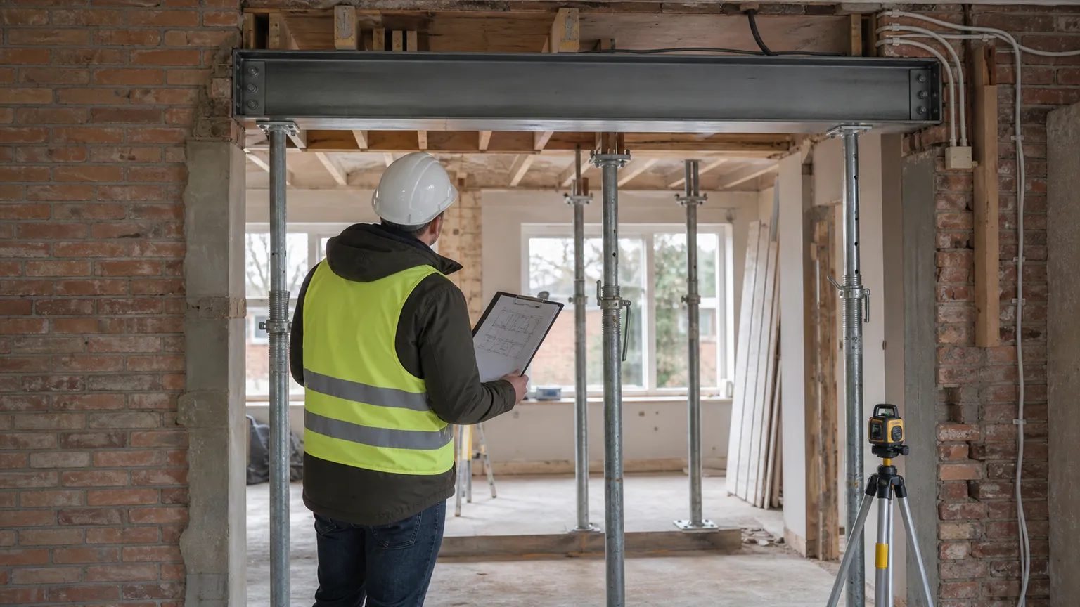 Rådgivende ingeniør inspicerer en stålbjælke og støtter under renoveringen af et dansk murstenshus.