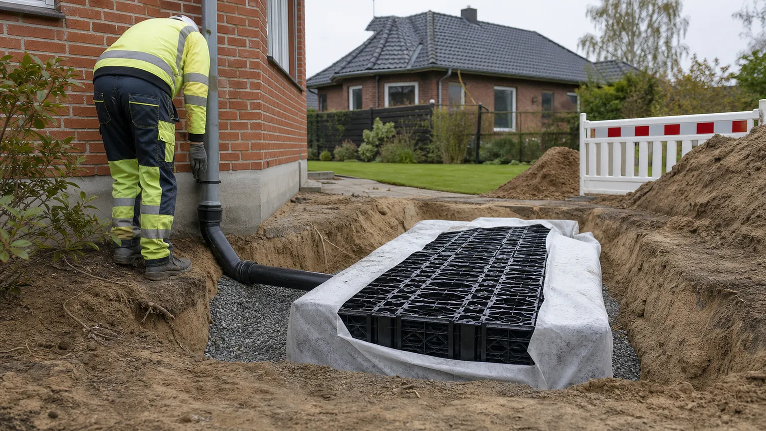 Kloakmester installerer en regnvandsfaskine ved et dansk parcelhus.