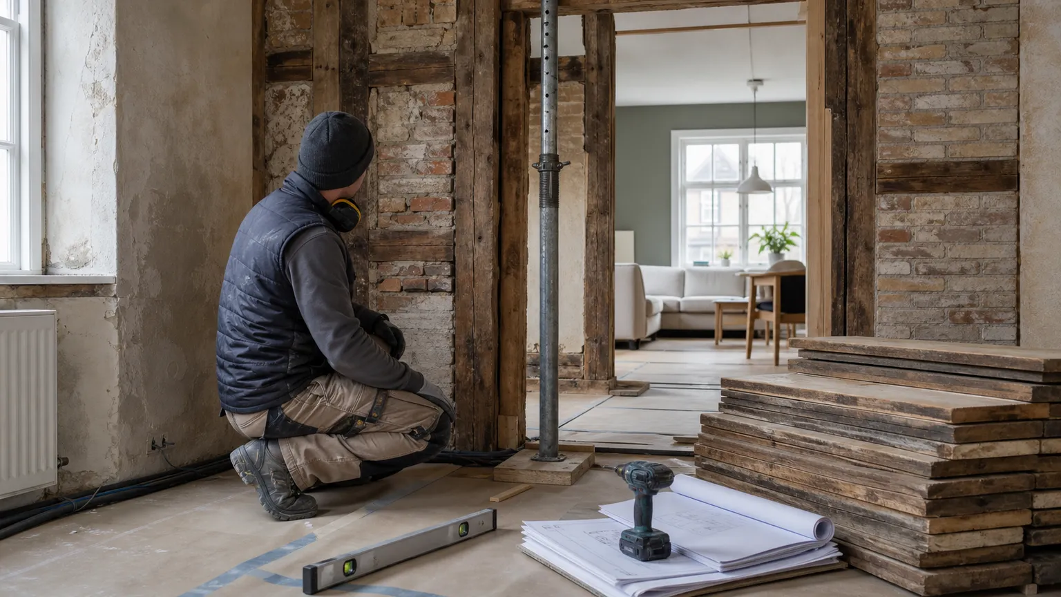 Håndværker undersøger blotlagt murværk og bindingsværk under renovering af et ældre dansk hus.