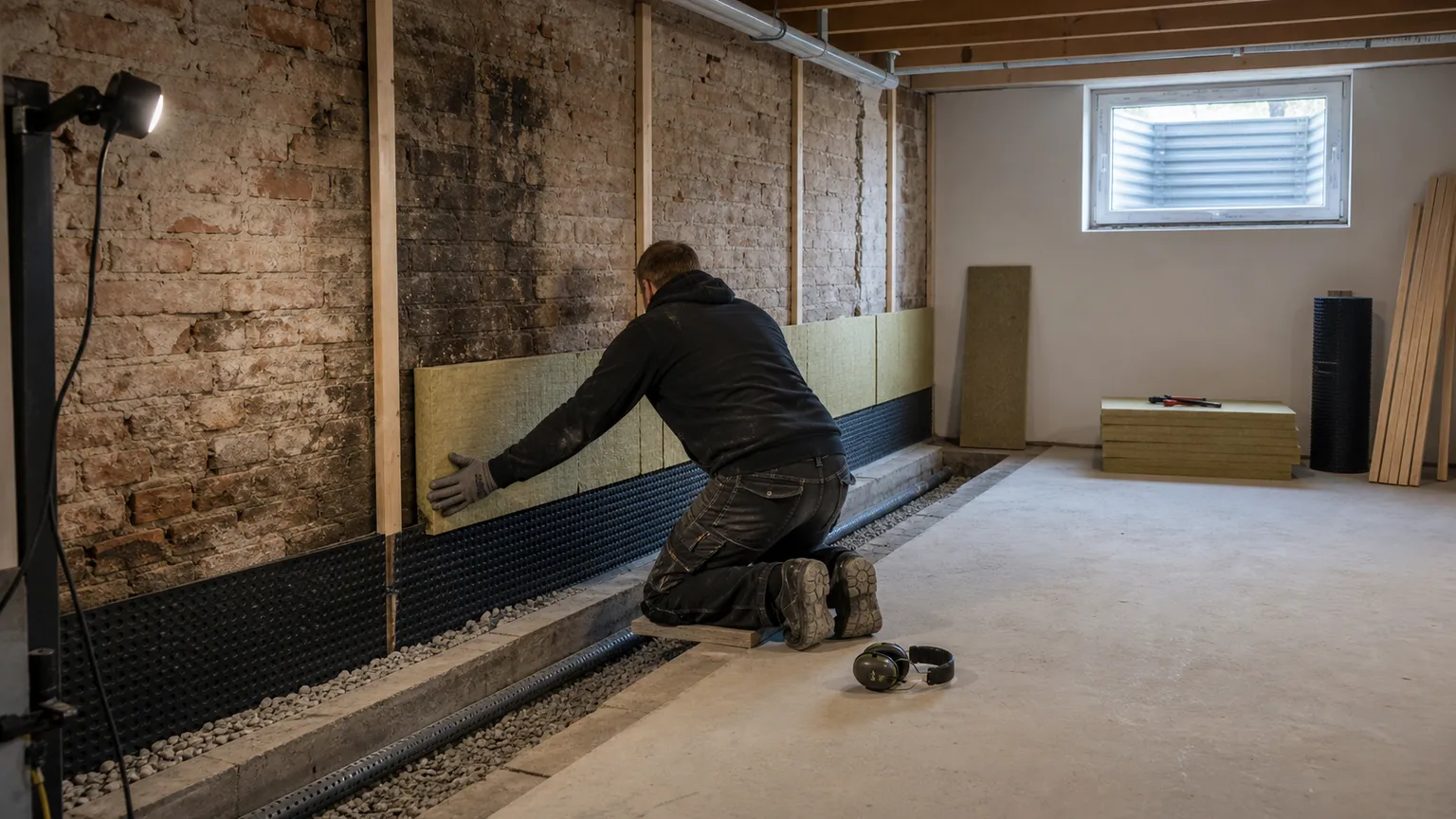 Håndværker fugtsikrer en dansk kældervæg med isolering og dræn under renovering.