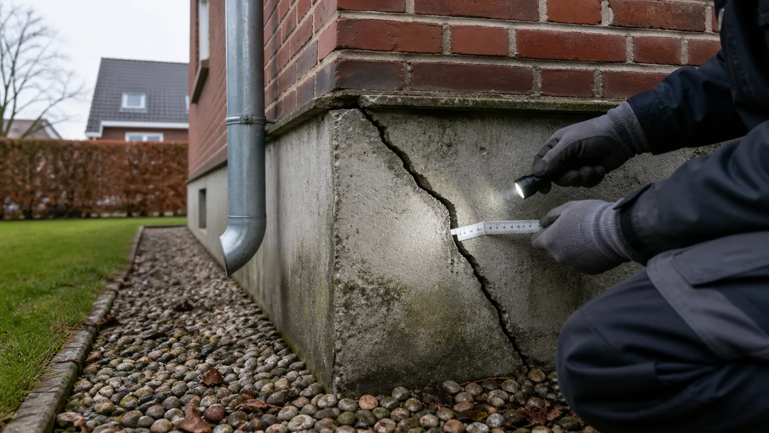 Fagperson undersøger en stor diagonal revne i betonfundamentet på et dansk murstenshus.