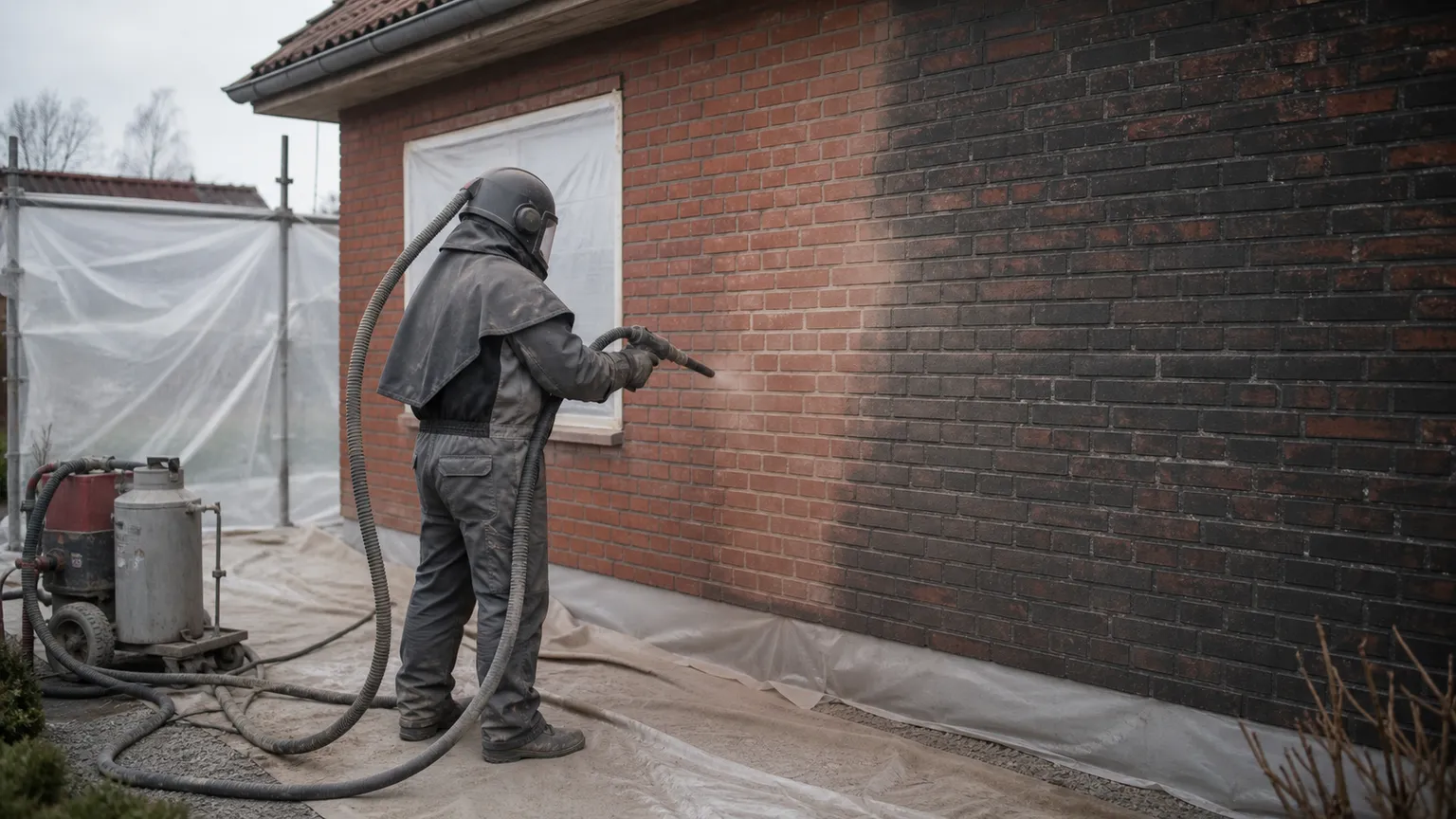 Fagperson sandblæser en mørk, tilsmudset murstensfacade under sikre og afskærmede arbejdsforhold.