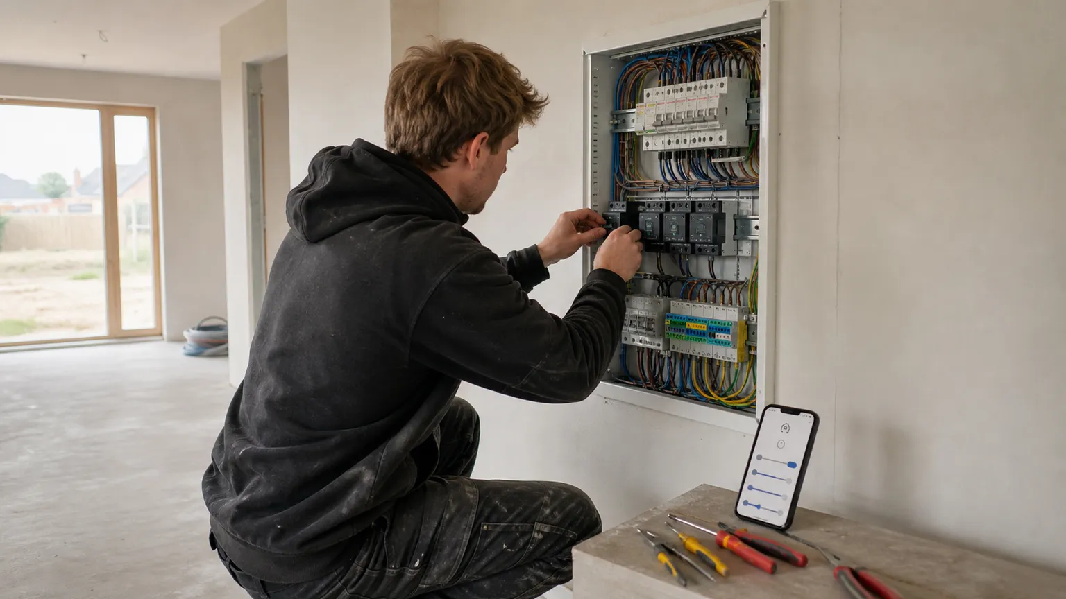 Elektriker installerer smartmoduler i eltavlen i et lyst, nybygget dansk hus.