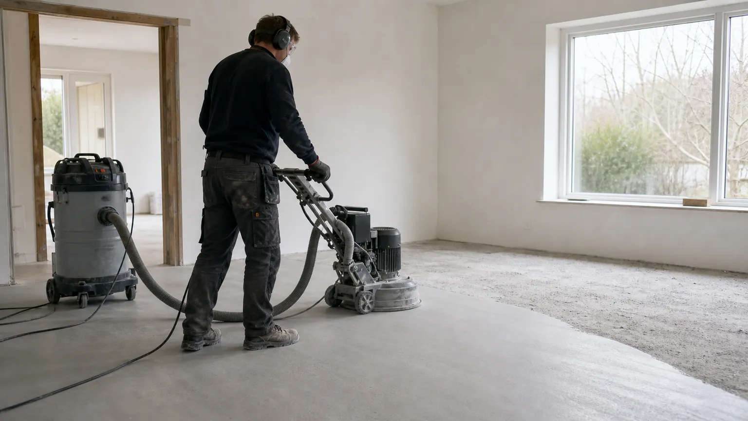 Gulvfagmand sliber betongulv med professionel gulvsliber og støvsuger i et lyst hjem under renovering.