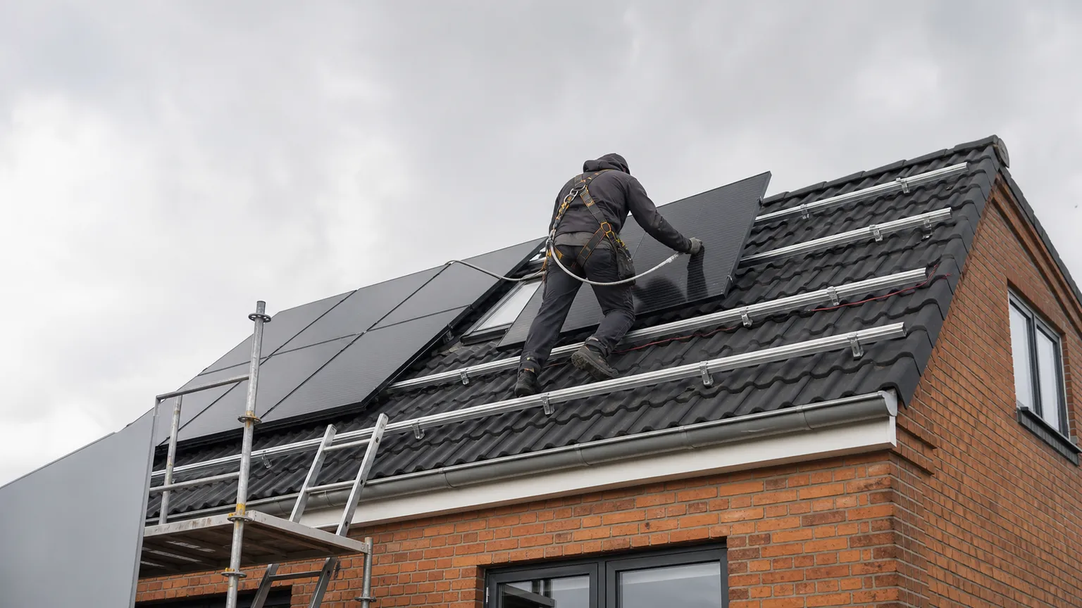 Sikret montør installerer sorte solpaneler på tegltaget af et dansk murstenshus i overskyet dagslys.