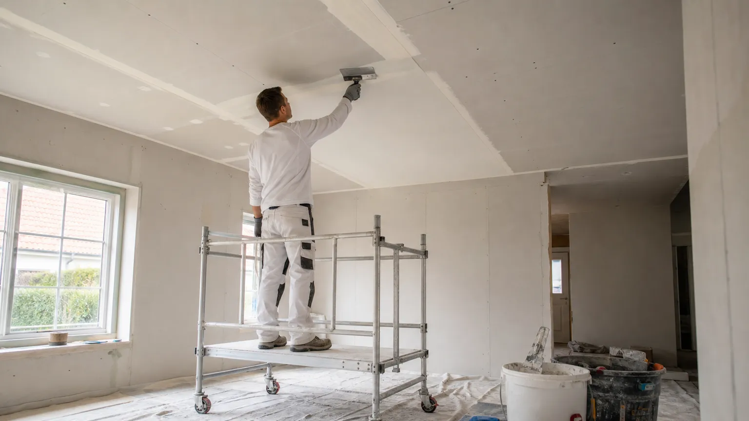Maler spartler samlinger i et gipsloft fra et rullestillads i et lyst dansk hjem under renovering.