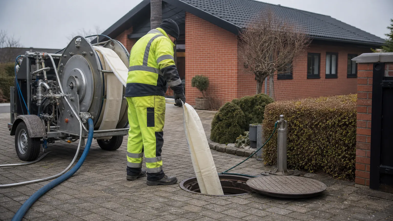Kloaktekniker fører en fleksibel strømpeforing ned i en brønd ved et dansk murstenshus.