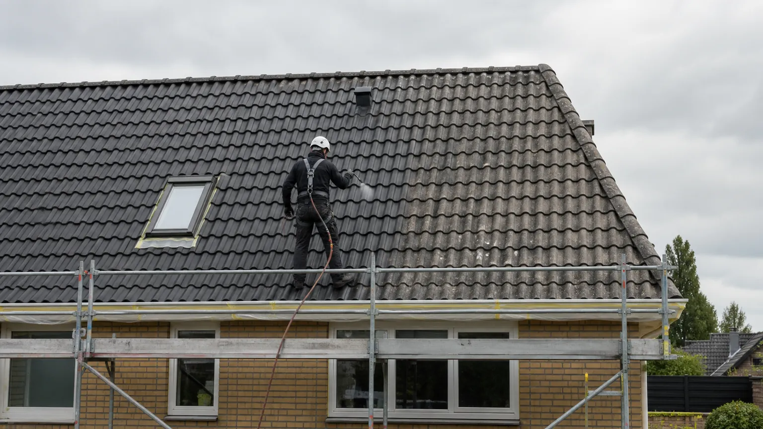 Tagmaler sprøjtemaler betontag på dansk parcelhus fra sikret stillads under overskyet himmel.