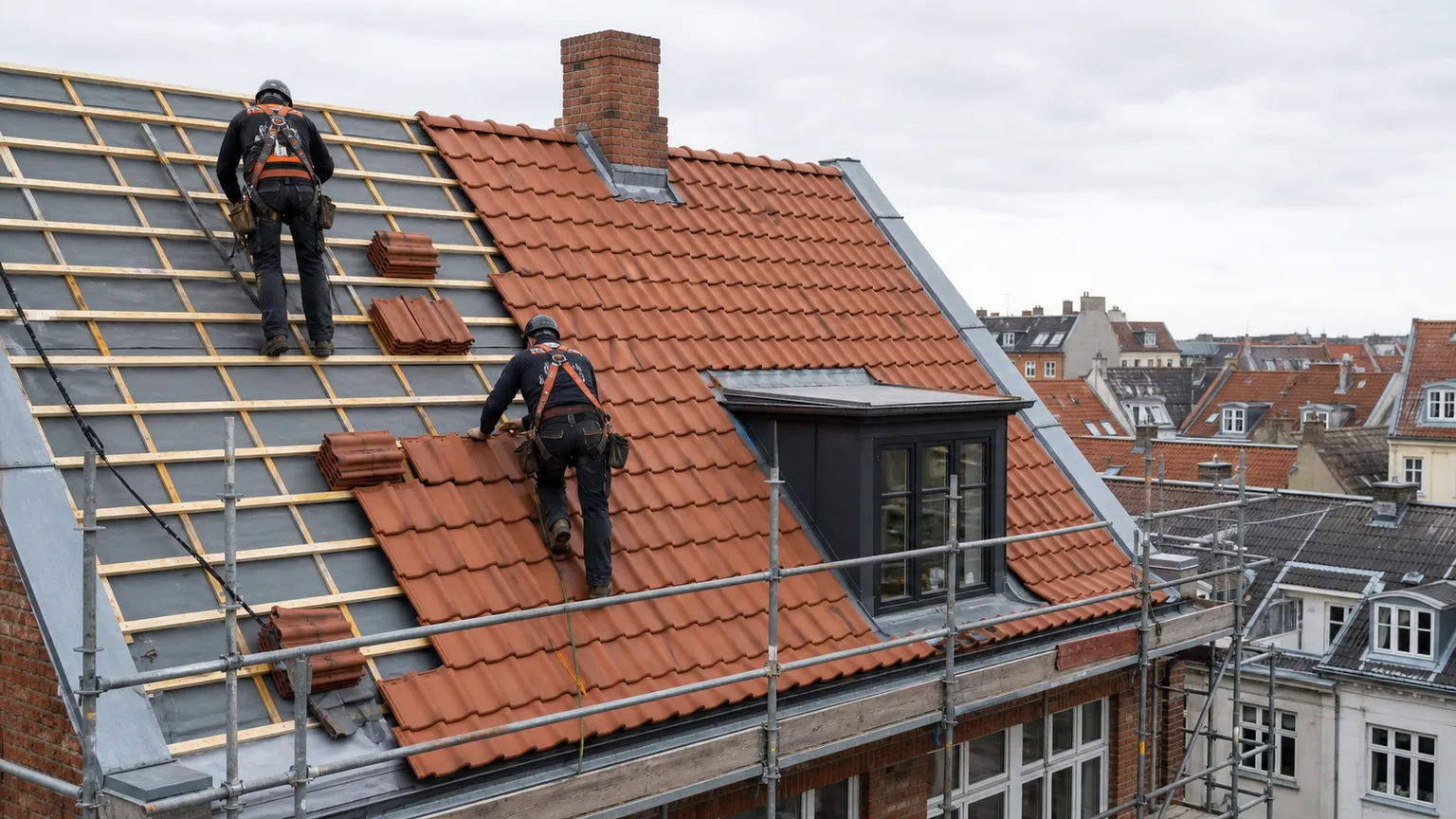 To tagarbejdere renoverer et københavnsk tegltag med undertag, lægter og stillads.