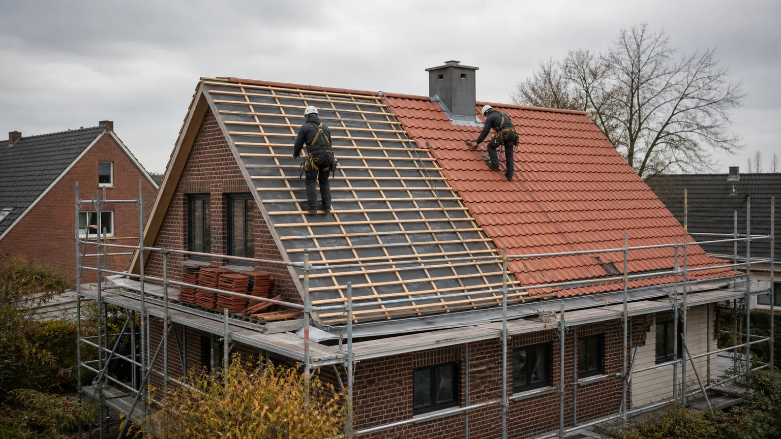 To tagdækkere renoverer tegltaget på et dansk murstenshus med stillads og faldsikring.