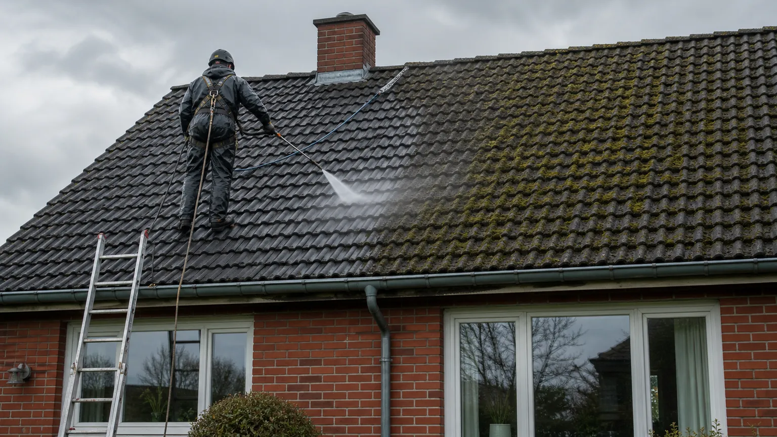 Tagrenser fjerner mos fra tegltaget på et dansk murstenshus under overskyet dagslys.
