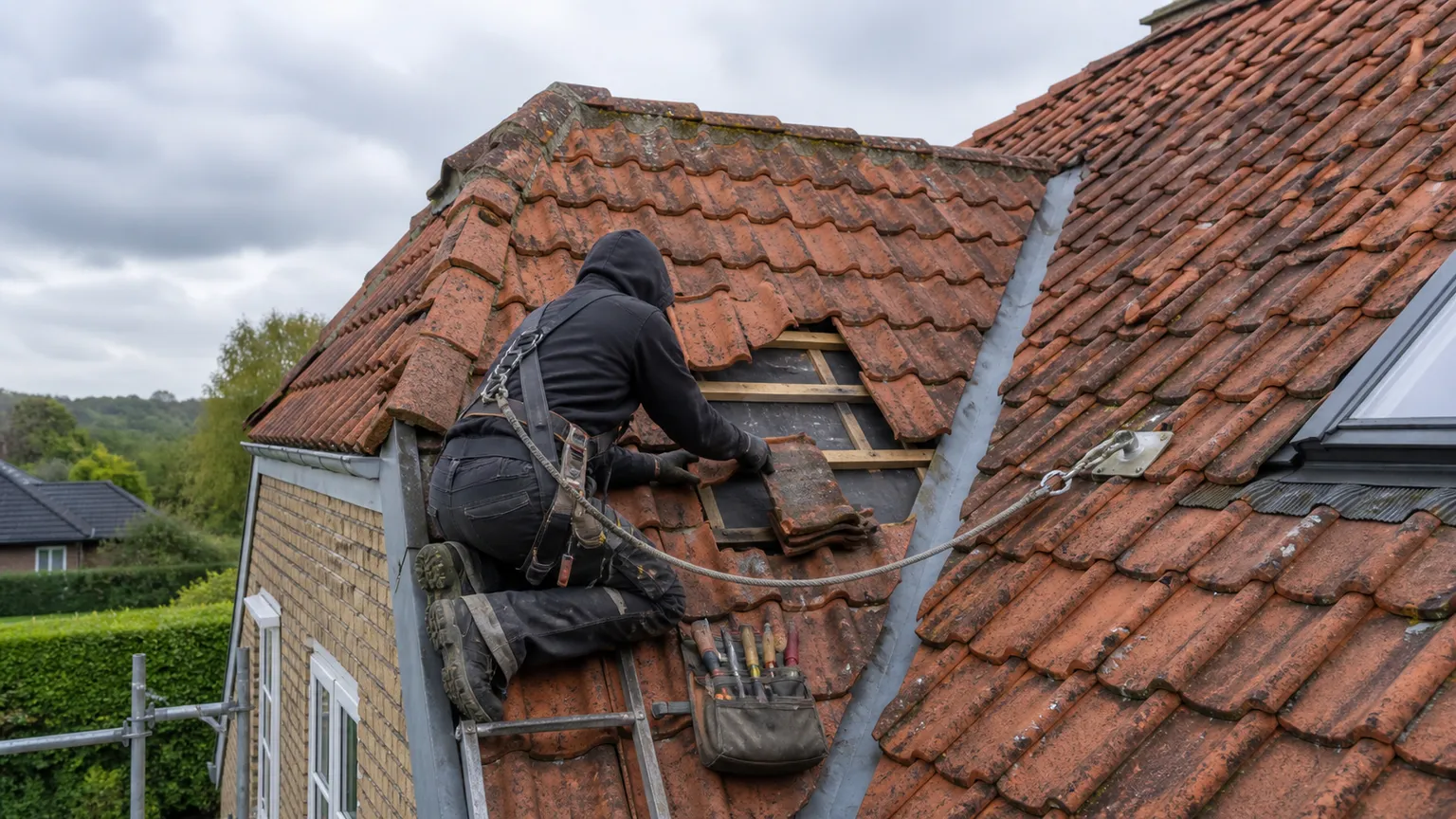 Tagdækker reparerer røde tegl på et dansk hus med sikkerhedssele og værktøj under overskyet himmel.