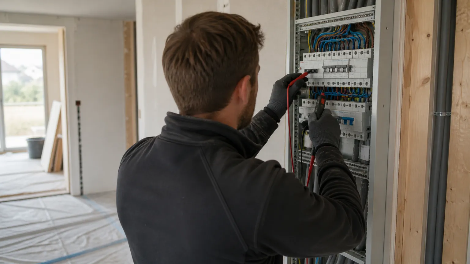 Elektriker tester eltavlen i et dansk hjem under renovering.