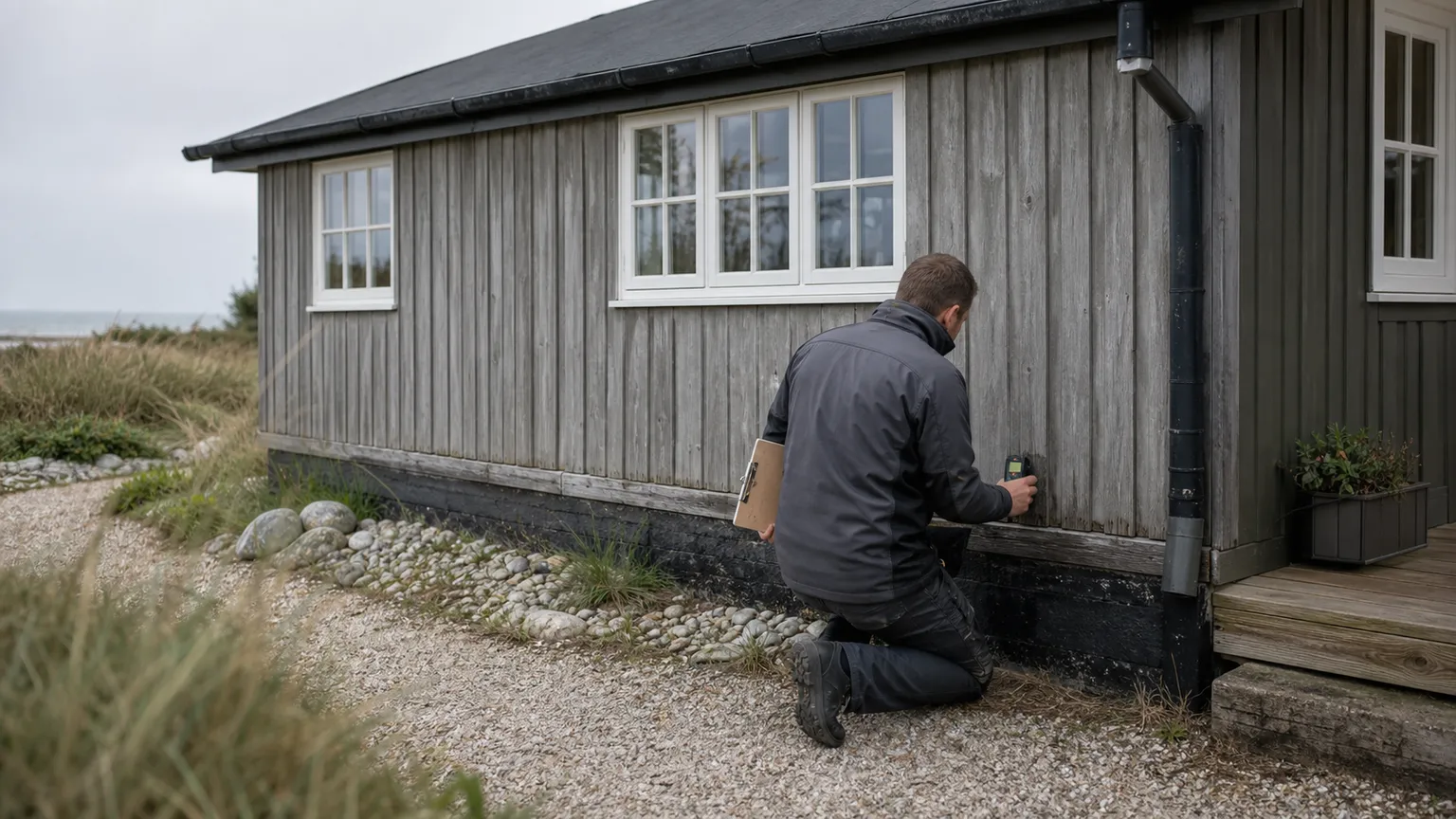 Bygningssagkyndig måler fugt ved træfacaden på et dansk sommerhus.