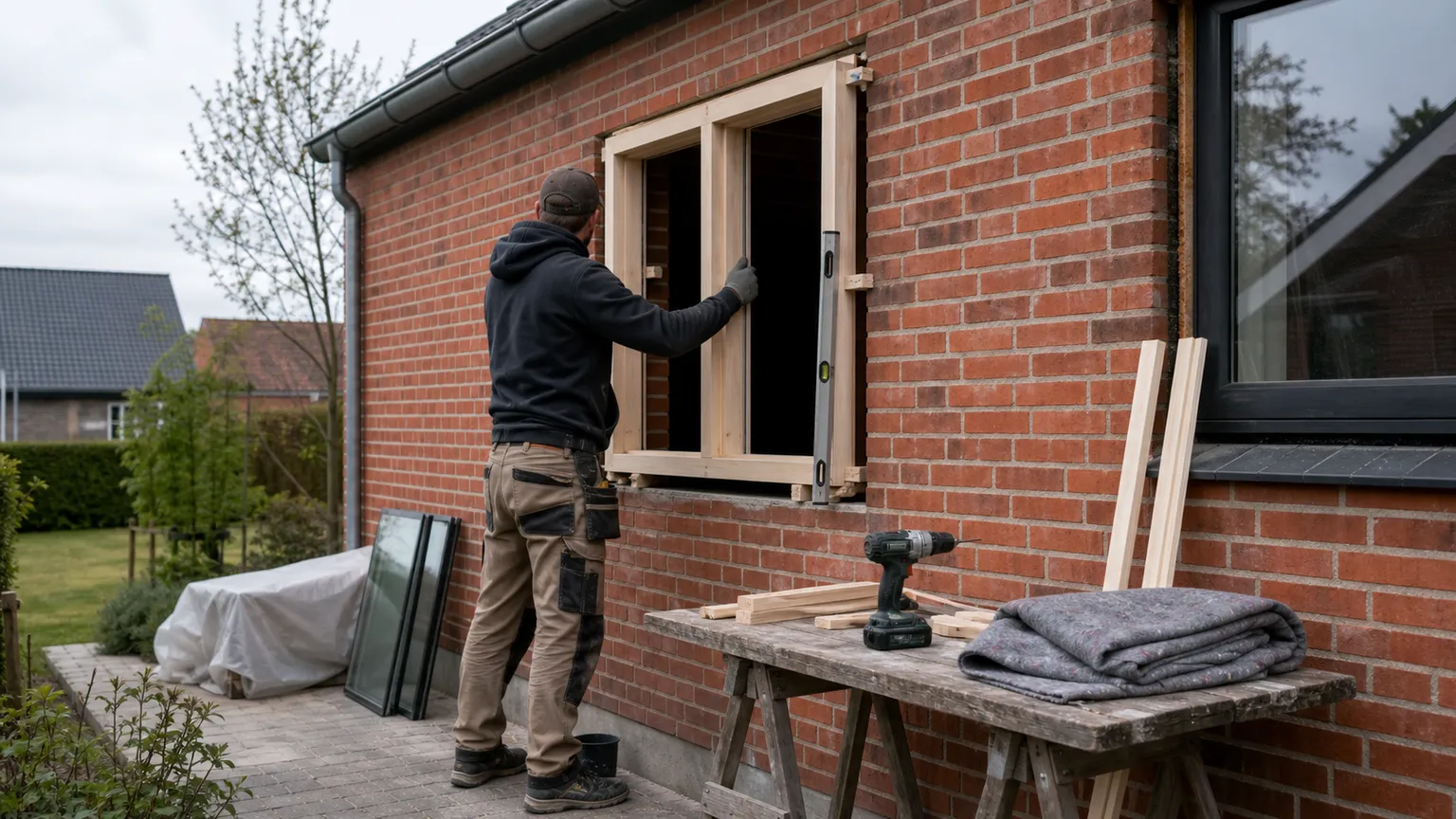 Tømrer monterer en ny træramme til et vindue i murstenshus med værktøj og materialer klar.