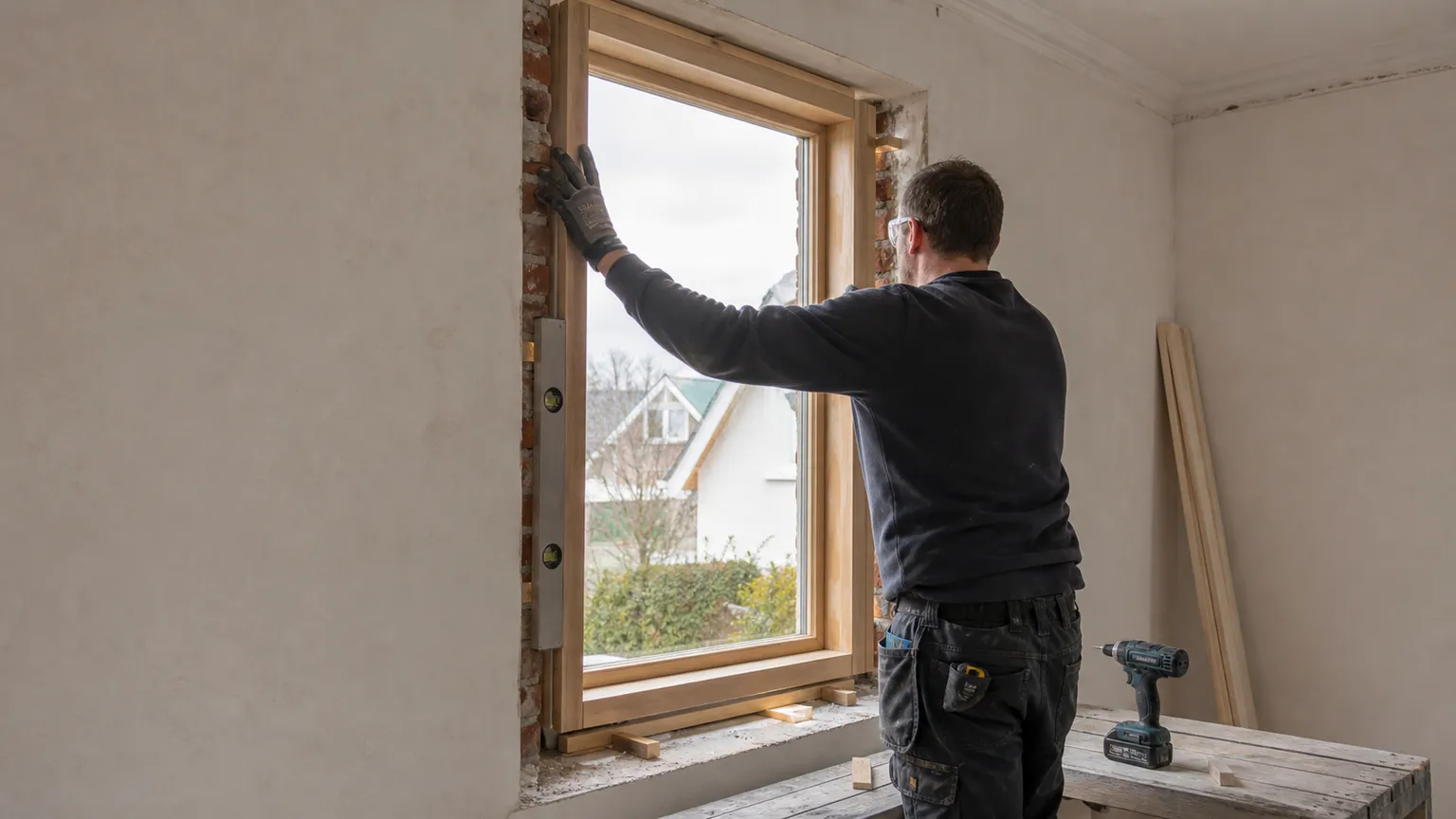 Tømrer monterer en træramme omkring et nyt vindue i et dansk hus under renovering.