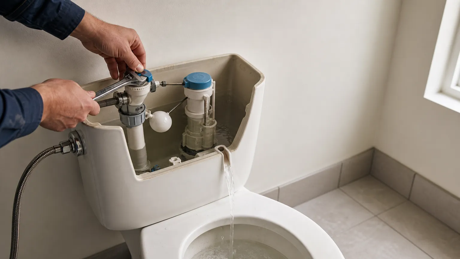 VVS’er justerer ventilen i en åben toiletcisterne, mens vand løber ned i kummen.