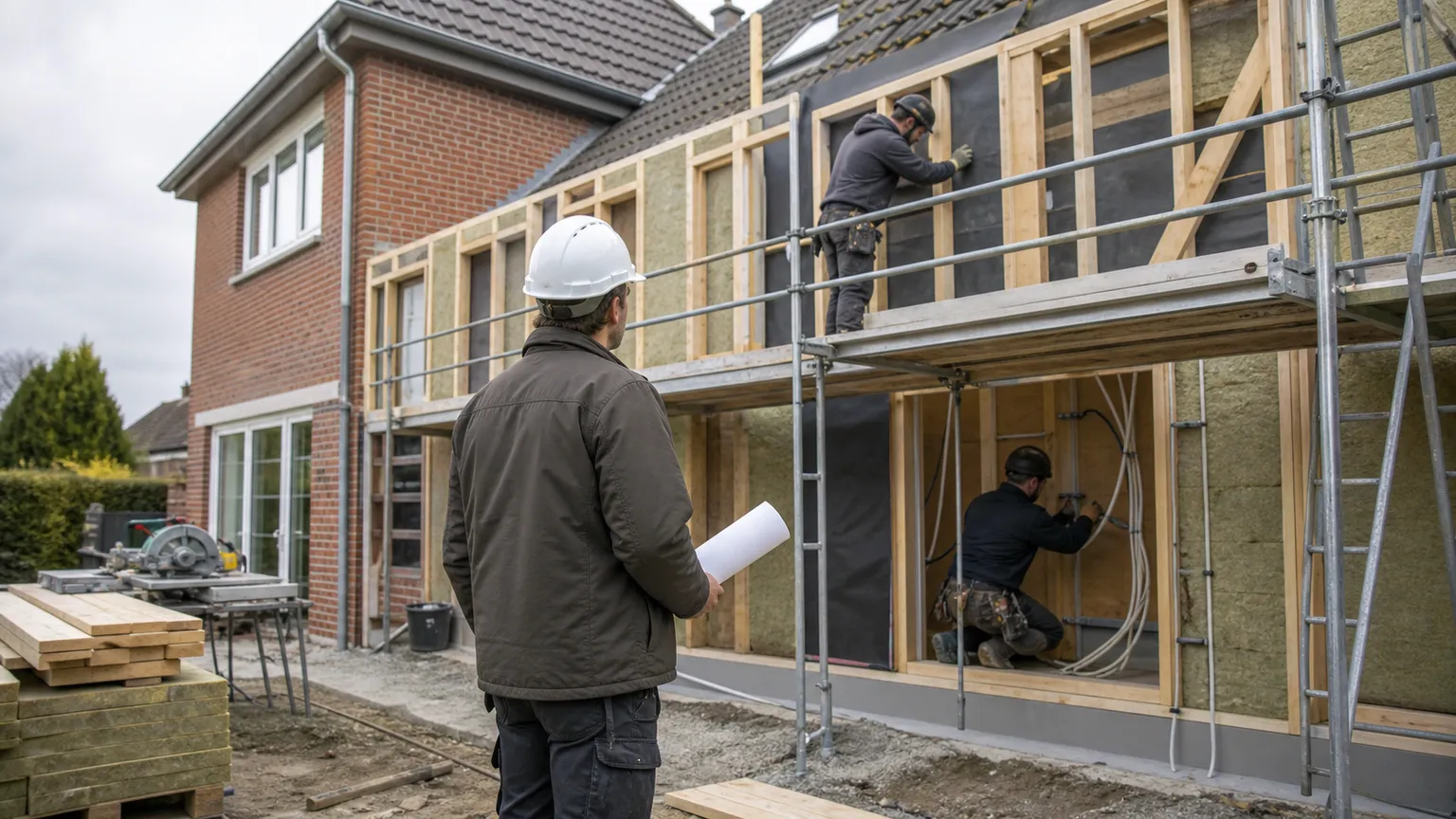 Totalentreprenør koordinerer tømrere og elektriker ved en tilbygning til et dansk murstenshus.