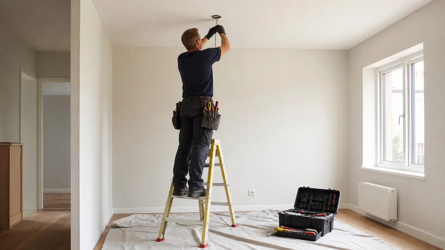 Elektriker tilslutter et loftudtag fra en stige i et lyst dansk hjem under renovering.