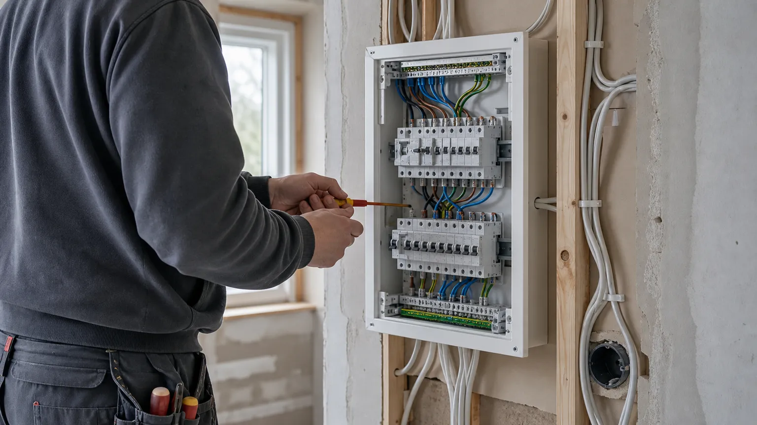 Elektriker arbejder sikkert på en åben el-tavle med nye kabler i et dansk hjem under renovering.