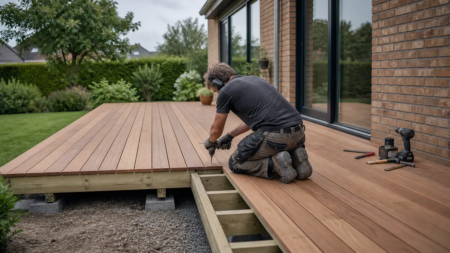 Tømrer monterer terrassebrædder på en træterrasse ved et dansk murstenshus.