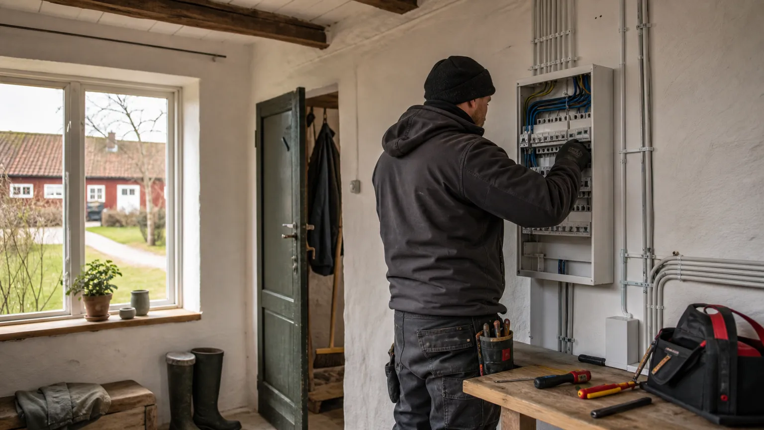 Elektriker opgraderer eltavlen i et lyst bryggers på en ældre dansk landejendom.