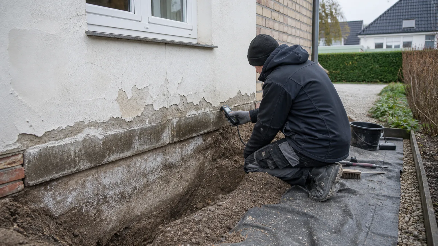 Håndværker måler fugt ved en opgravet sokkel med afskallet facadepuds og saltudblomstringer.