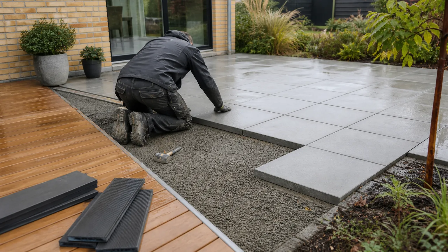 Håndværker lægger grå terrassefliser ved et dansk murstenshus med træterrasse og kompositbrædder.