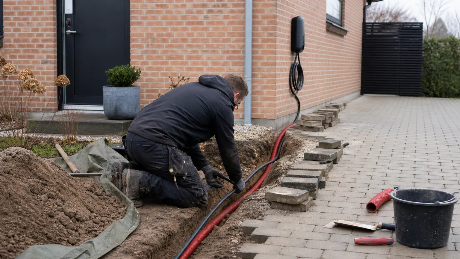 Elektriker lægger kabel og rødt kabelrør i en rende langs indkørslen ved et dansk murstenshus med ladeboks.
