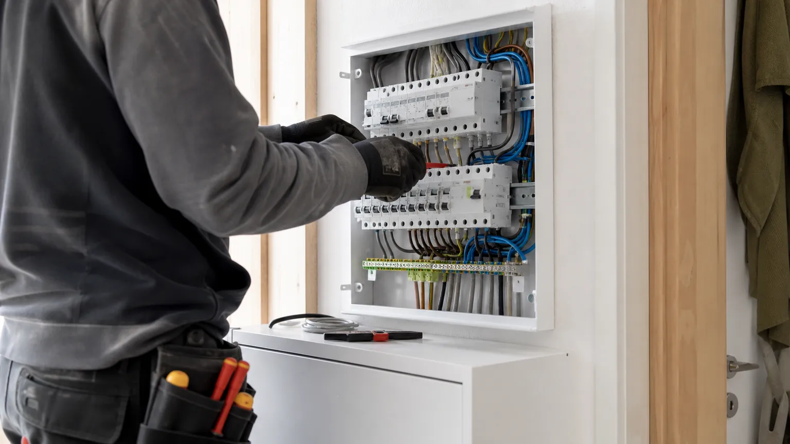 Elektriker arbejder sikkert på en åben, moderne el-tavle i et lyst dansk hjem.