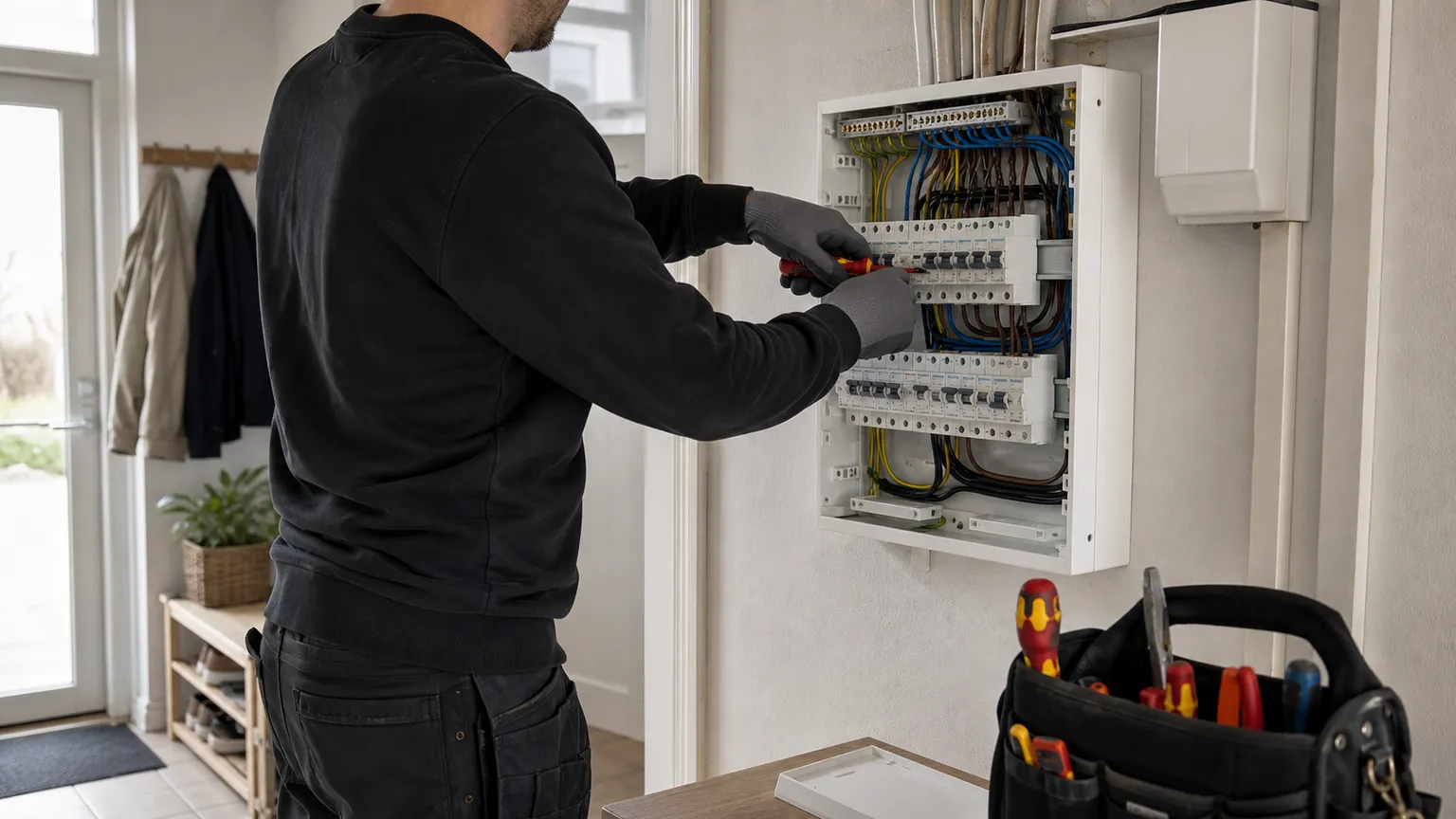 Elektriker arbejder sikkert på en åben, moderne eltavle i entréen i et dansk hjem.